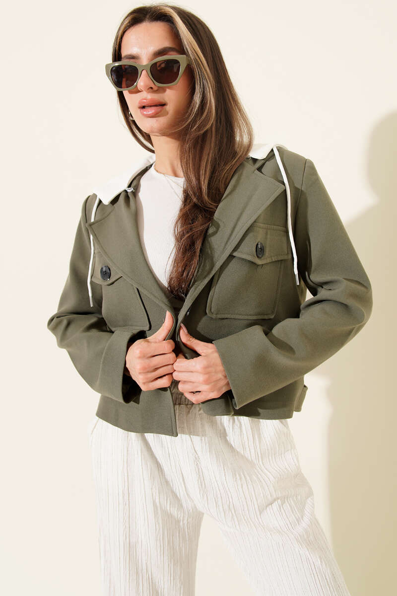 Cropped Blazer with Detachable Hood - Khaki