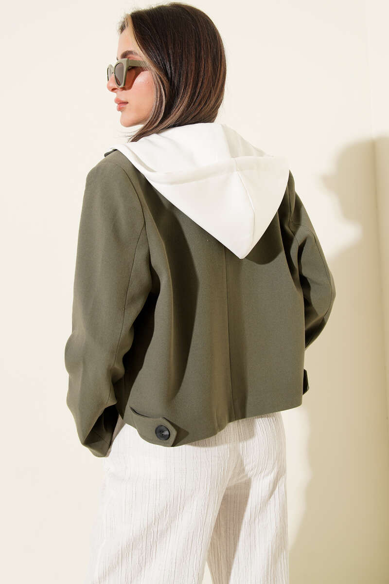 Cropped Blazer with Detachable Hood - Khaki