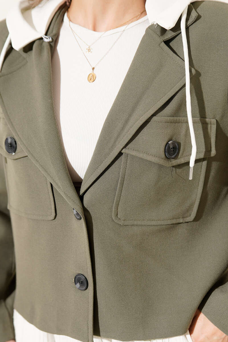 Cropped Blazer with Detachable Hood - Khaki