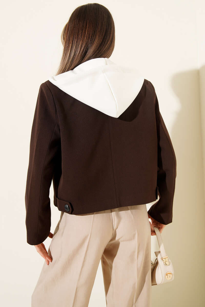 Cropped Blazer with Detachable Hood - Brown