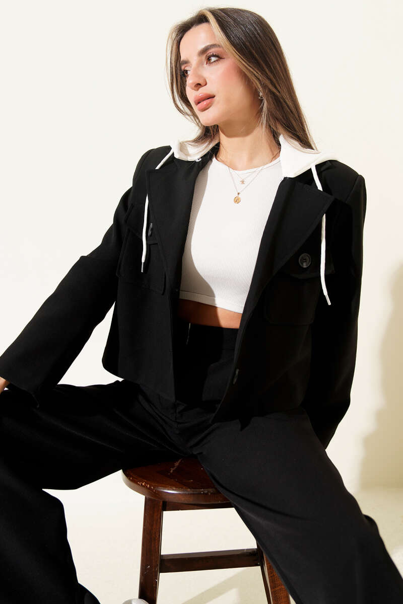 Cropped Blazer with Detachable Hood - Black