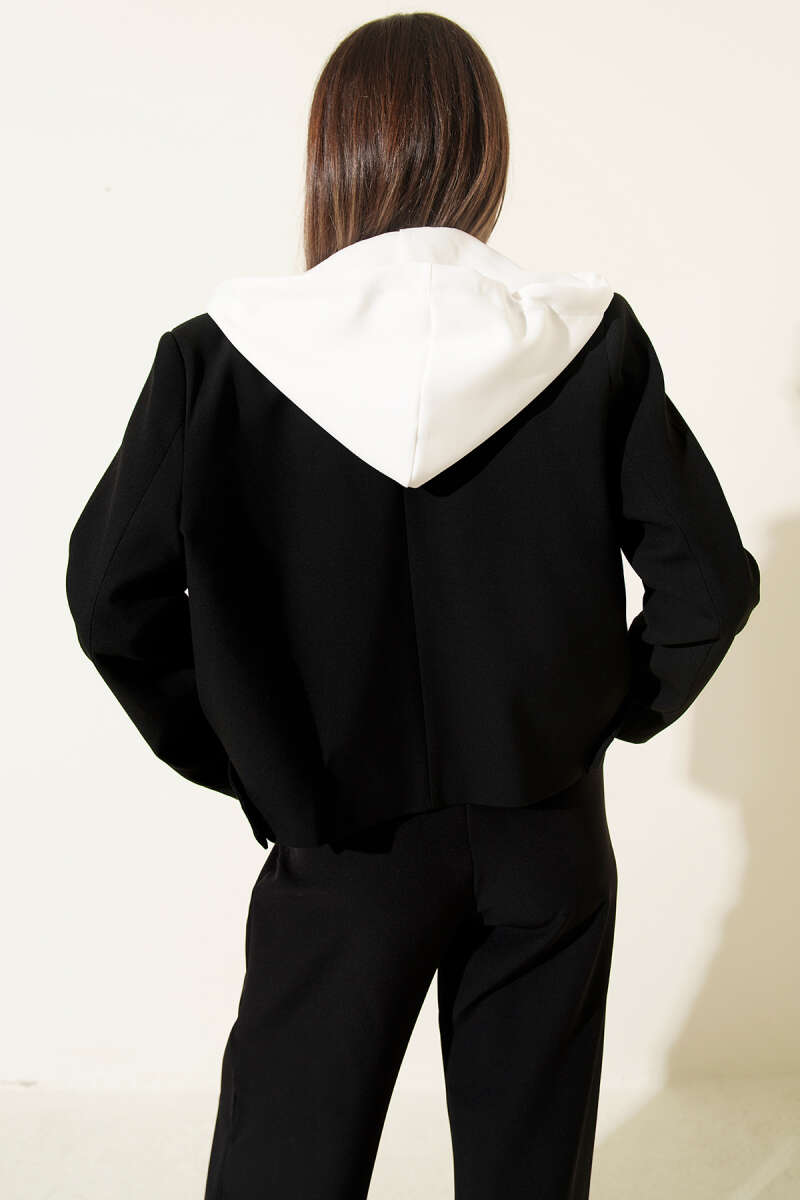 Cropped Blazer with Detachable Hood - Black