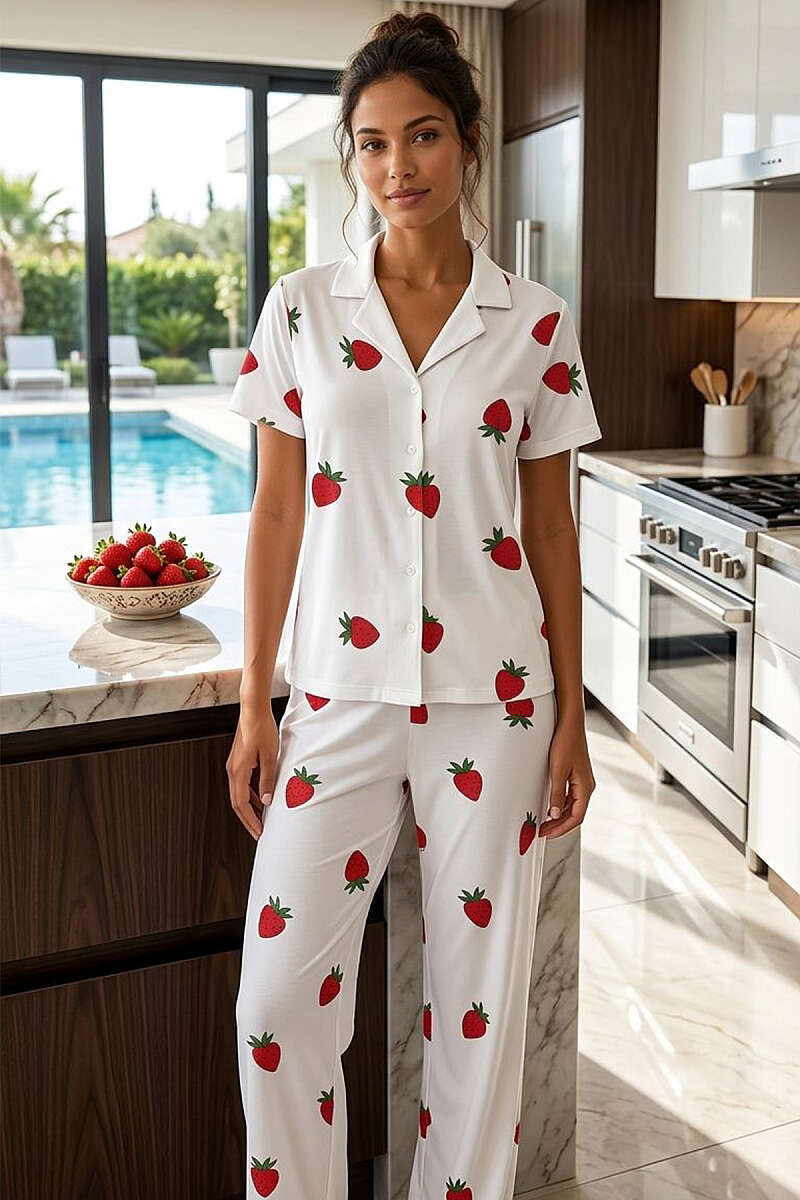 Strawberry Pattern Short-Sleeve Button Pyjama Set - Red