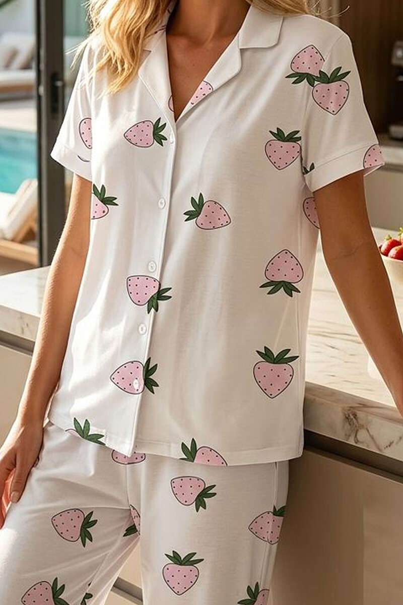 Strawberry Pattern Short-Sleeve Button Pyjama Set - Pink