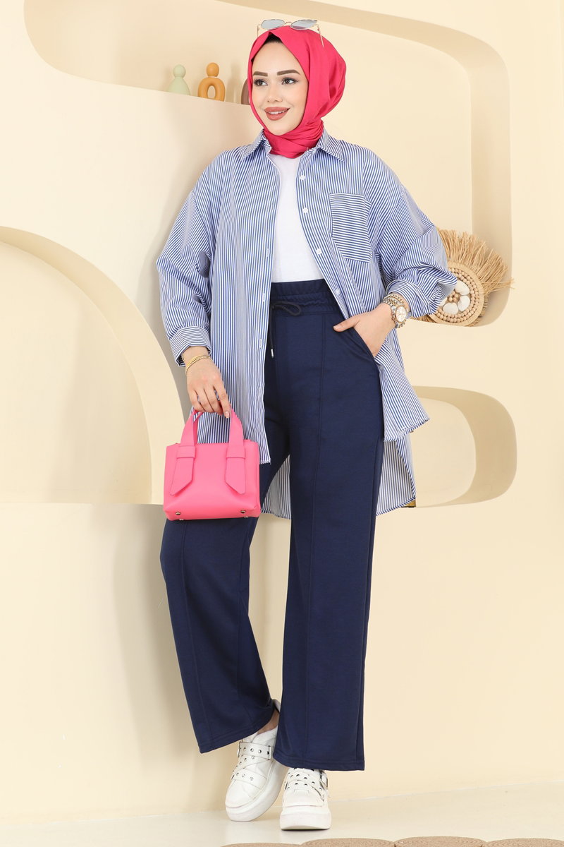 Two-Thread Trousers with Contrast Stitching - Navy