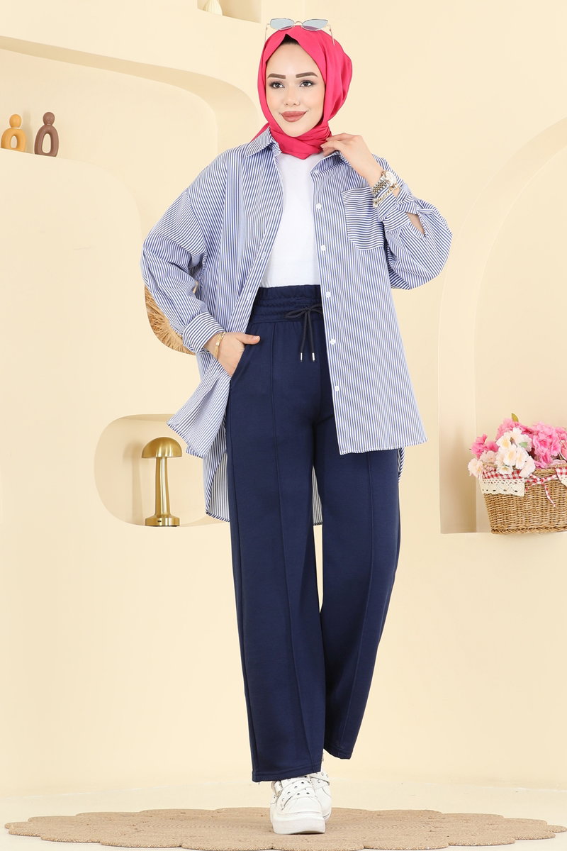 Two-Thread Trousers with Contrast Stitching - Navy