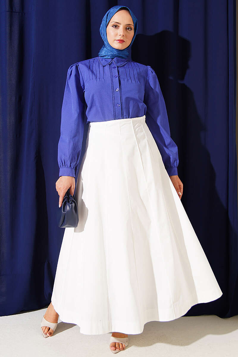 Topstitched Skirt with Zip Waist - Ecru