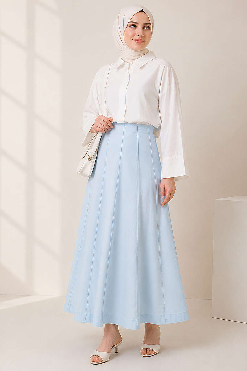 Topstitched Skirt with Zip Waist - Blue