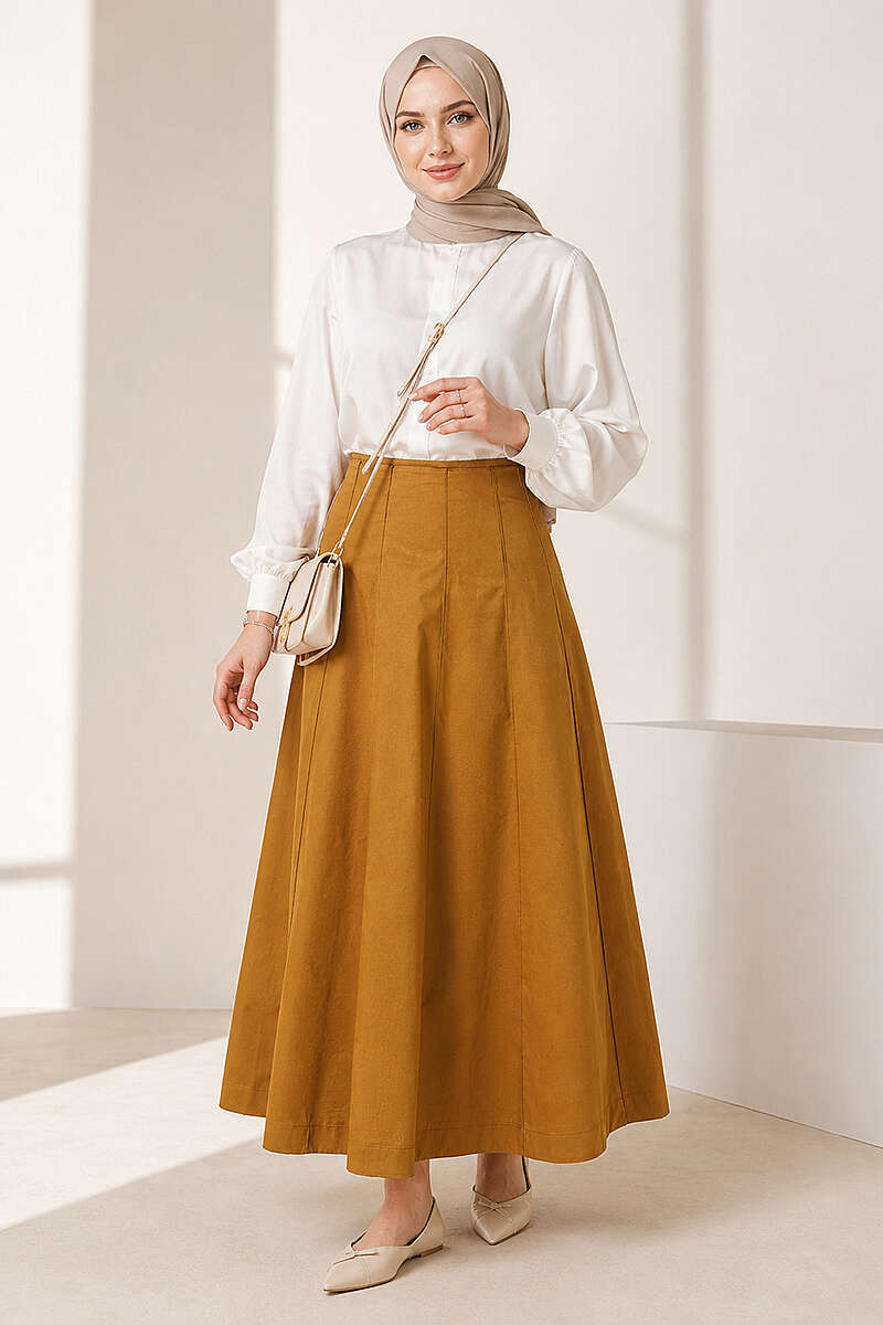Topstitched Skirt with Zip Waist - Tan