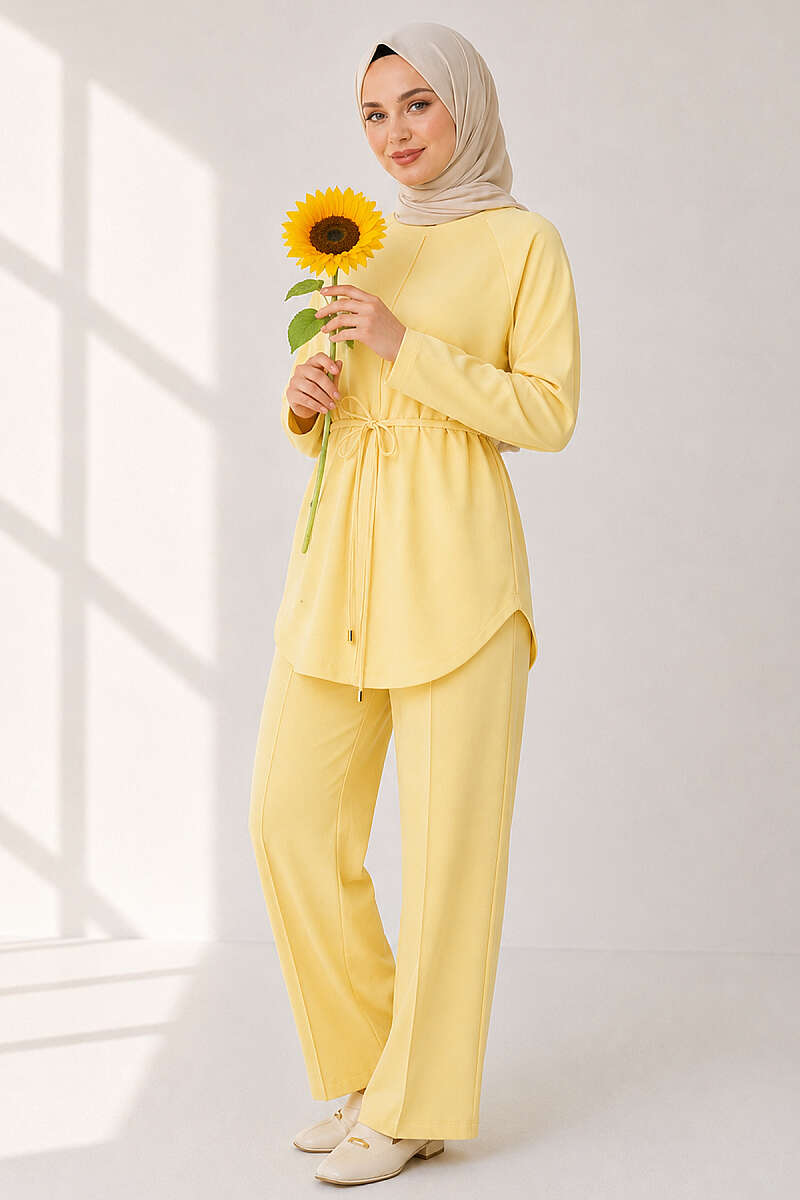 Topstitched Jersey Two-Piece Set with Cord Belt - Yellow