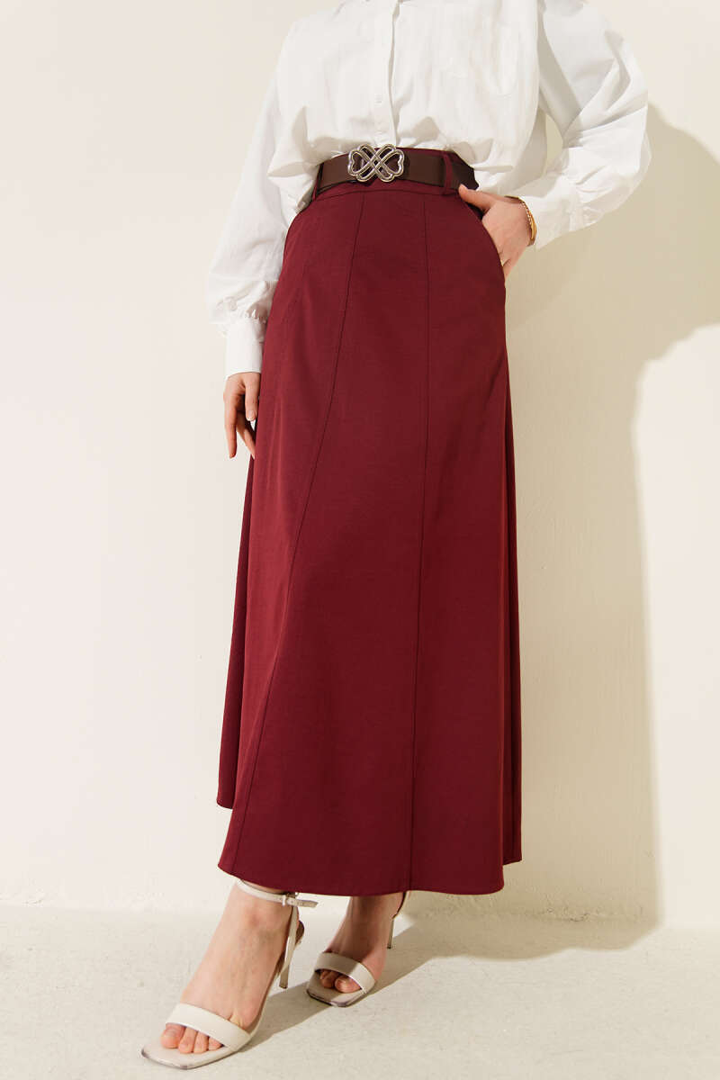 Belted Basic Skirt with Stitching - Burgundy