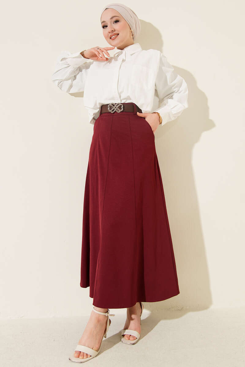 Belted Basic Skirt with Stitching - Burgundy