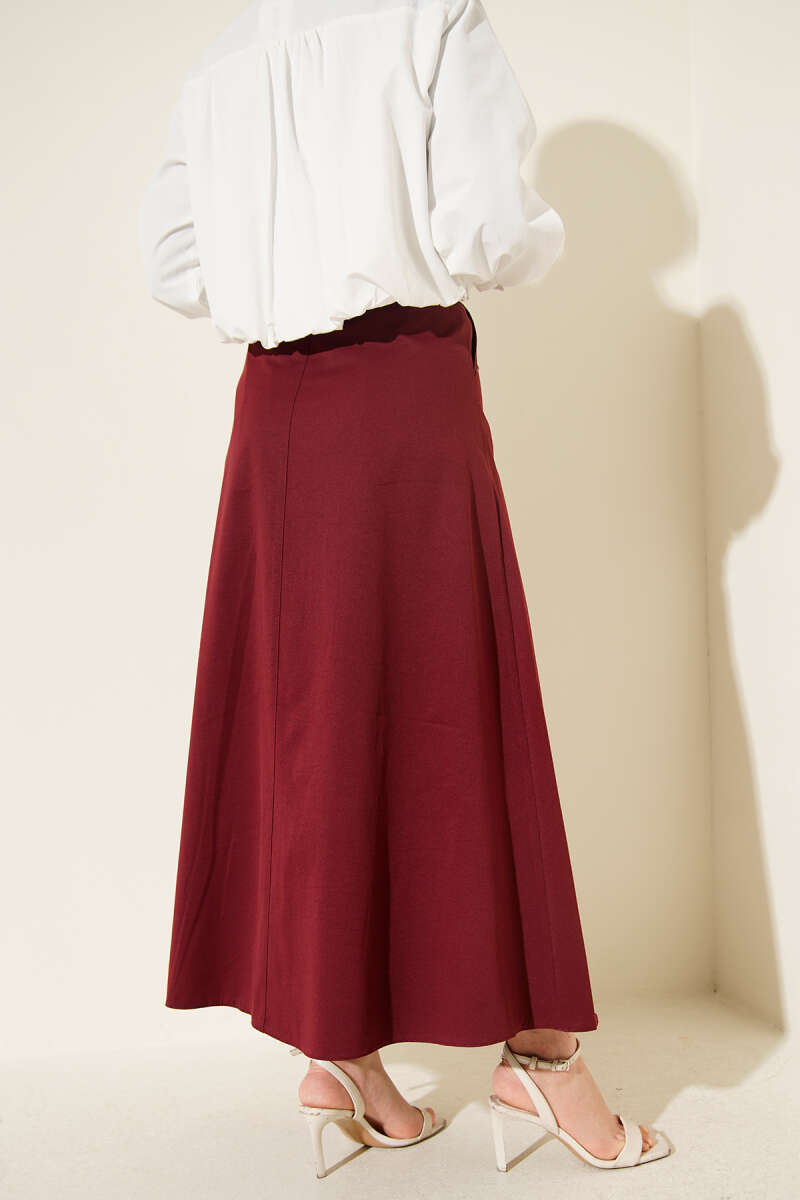 Belted Basic Skirt with Stitching - Burgundy