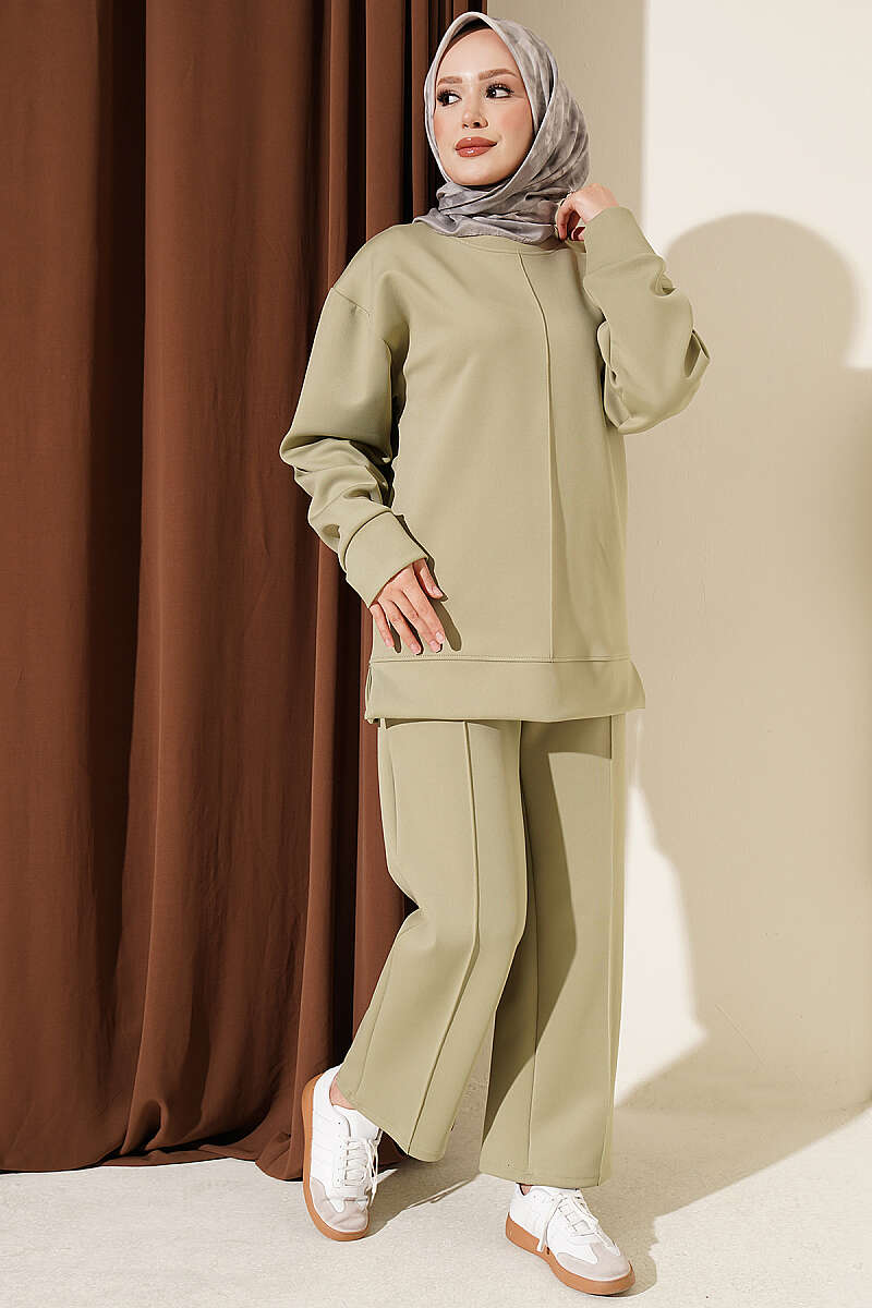 Topstitched Scuba Two-Piece Set - Almond Green