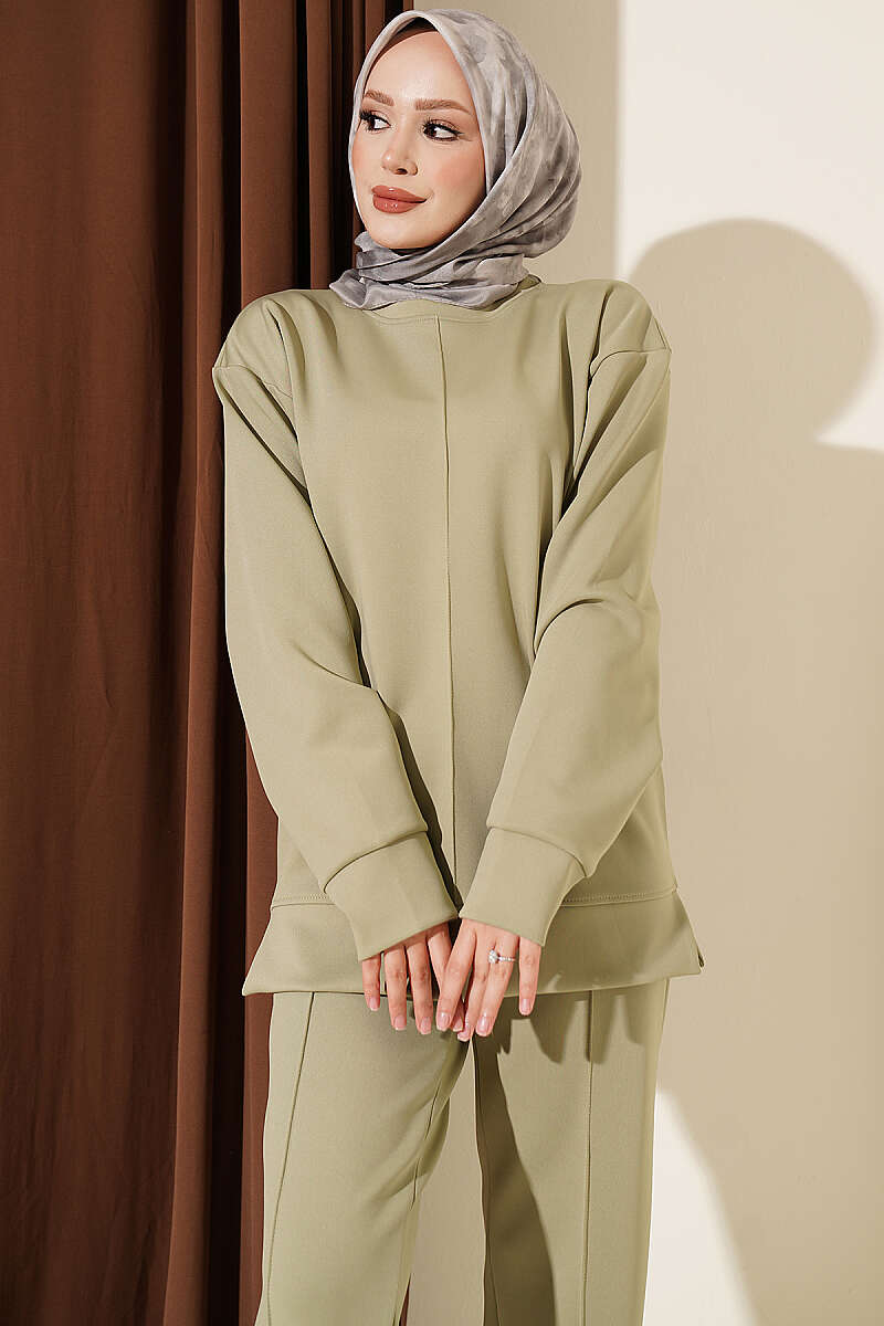 Topstitched Scuba Two-Piece Set - Almond Green