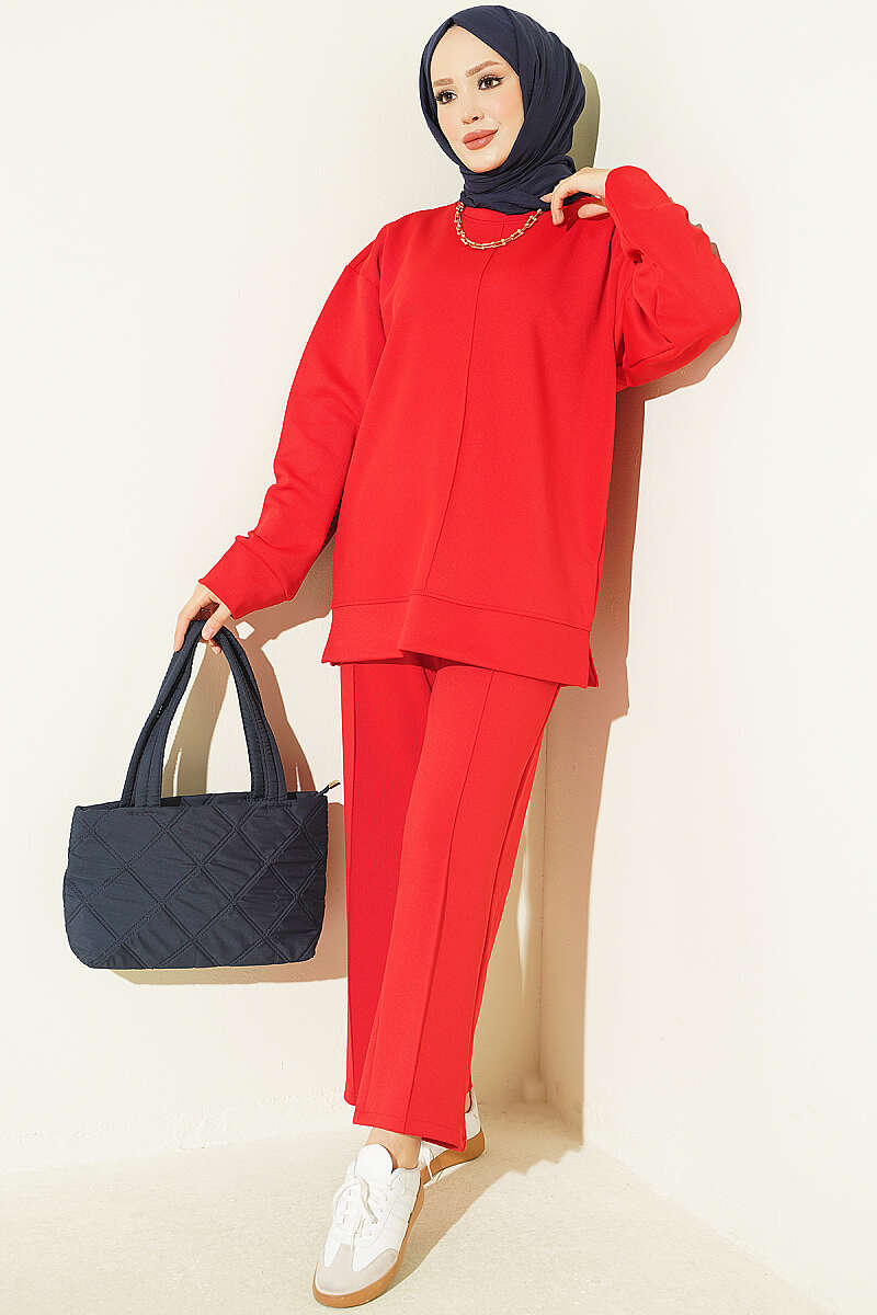 Topstitched Scuba Two-Piece Set - Red