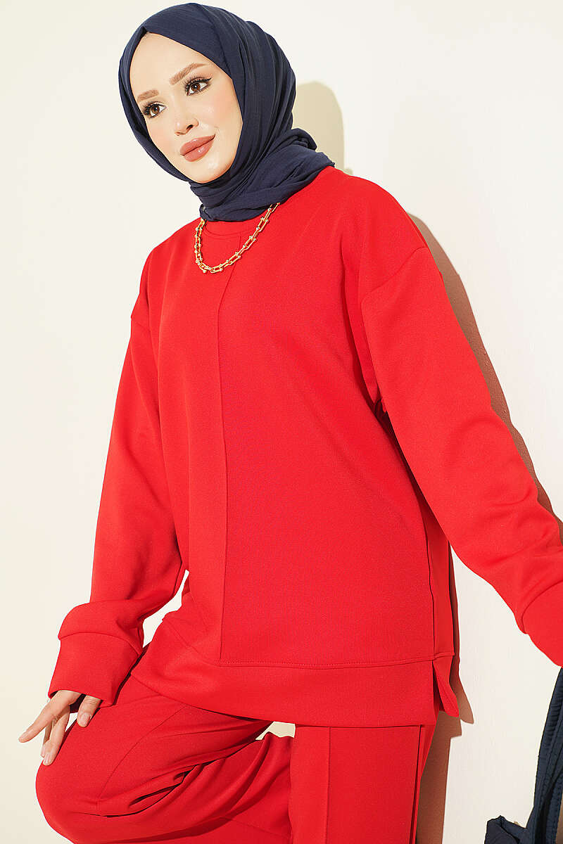 Topstitched Scuba Two-Piece Set - Red