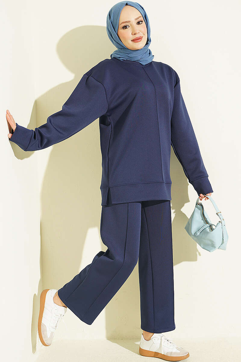 Topstitched Scuba Two-Piece Set - Navy