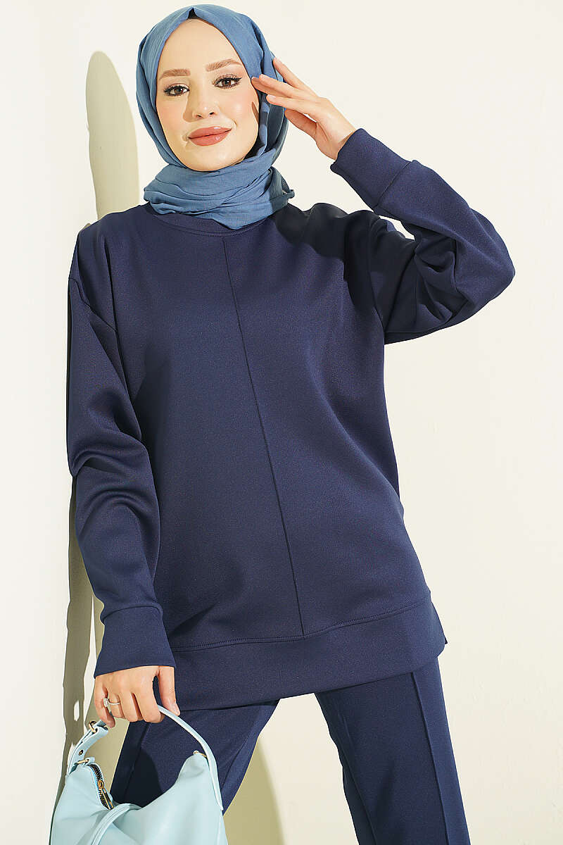 Topstitched Scuba Two-Piece Set - Navy