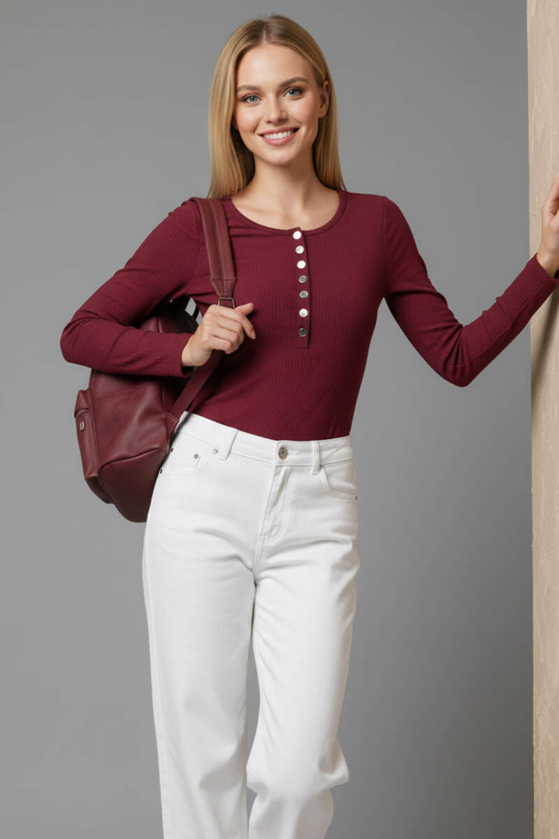 Snap-Detail Blouse - Burgundy