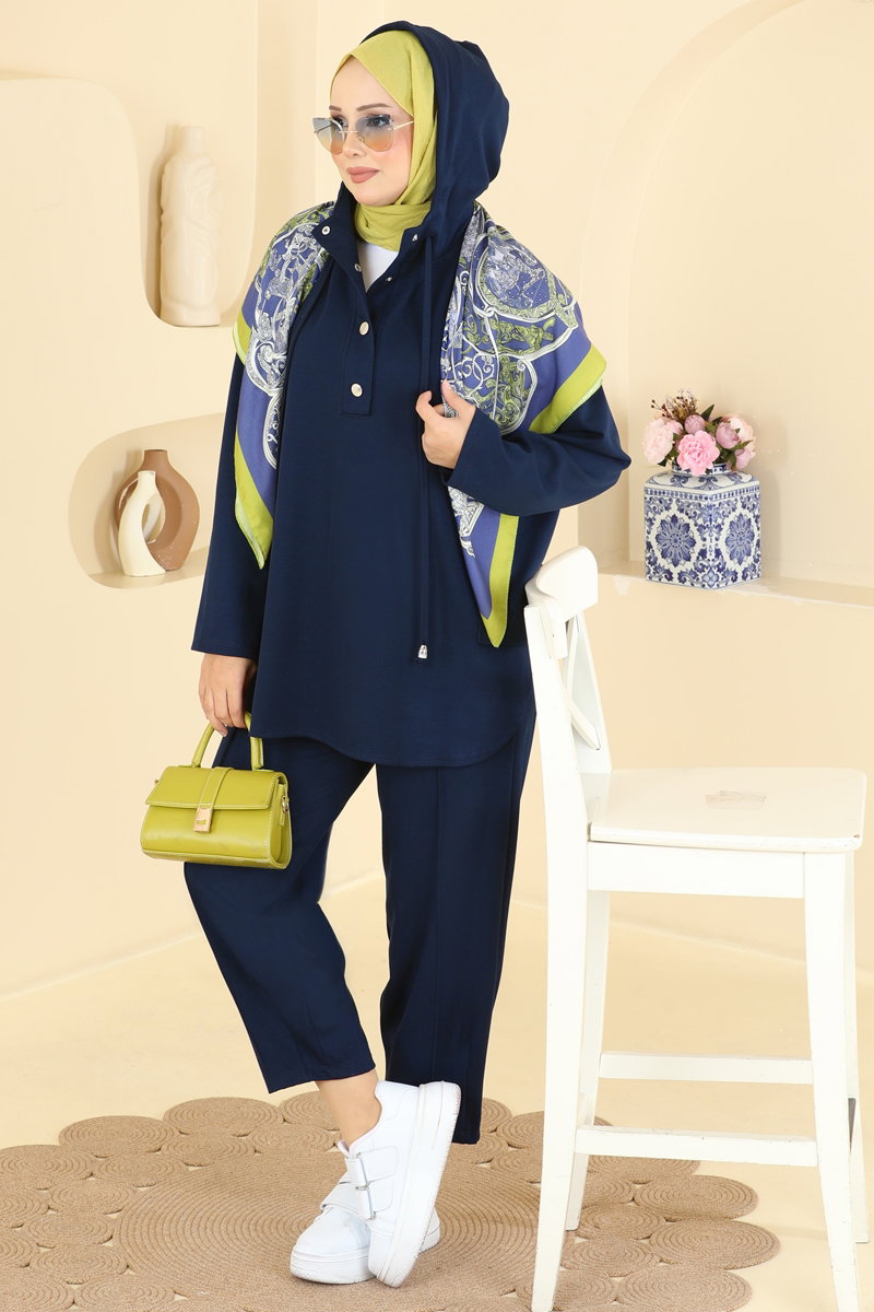 Hooded Two-Piece Set with Snaps - Navy