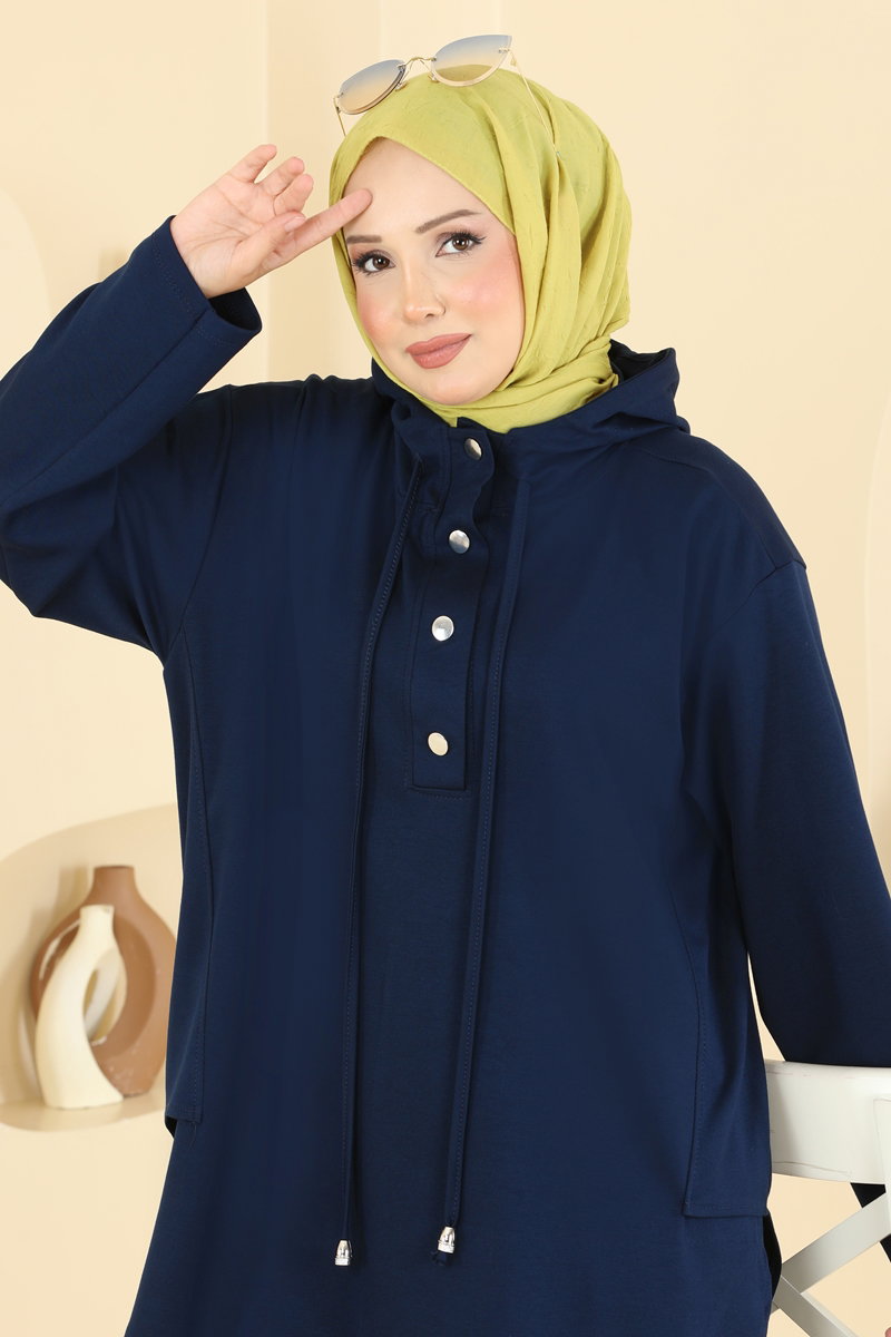 Hooded Two-Piece Set with Snaps - Navy