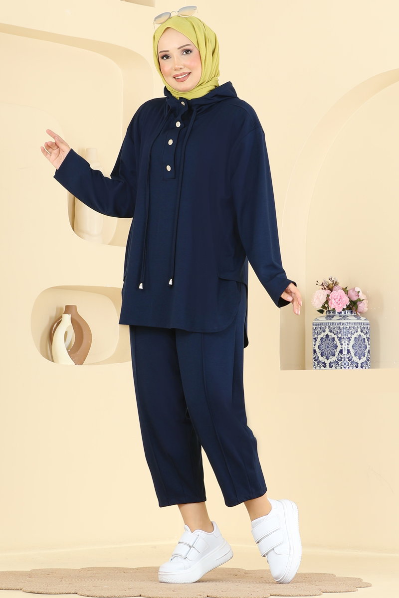 Hooded Two-Piece Set with Snaps - Navy