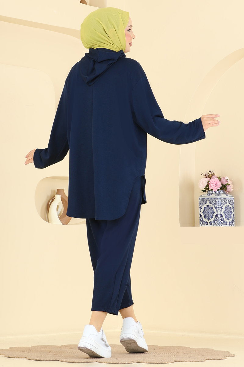 Hooded Two-Piece Set with Snaps - Navy