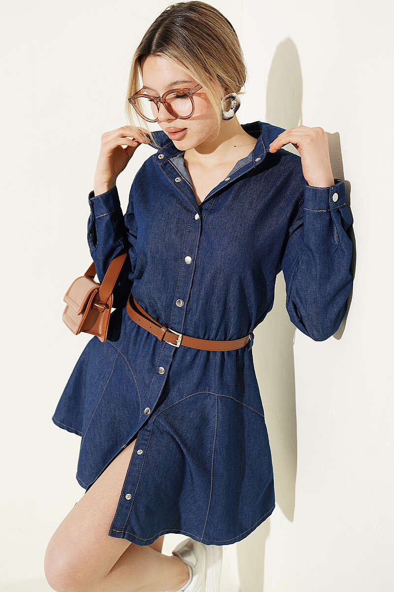 Belted Snap-Button Dress - Classic Denim