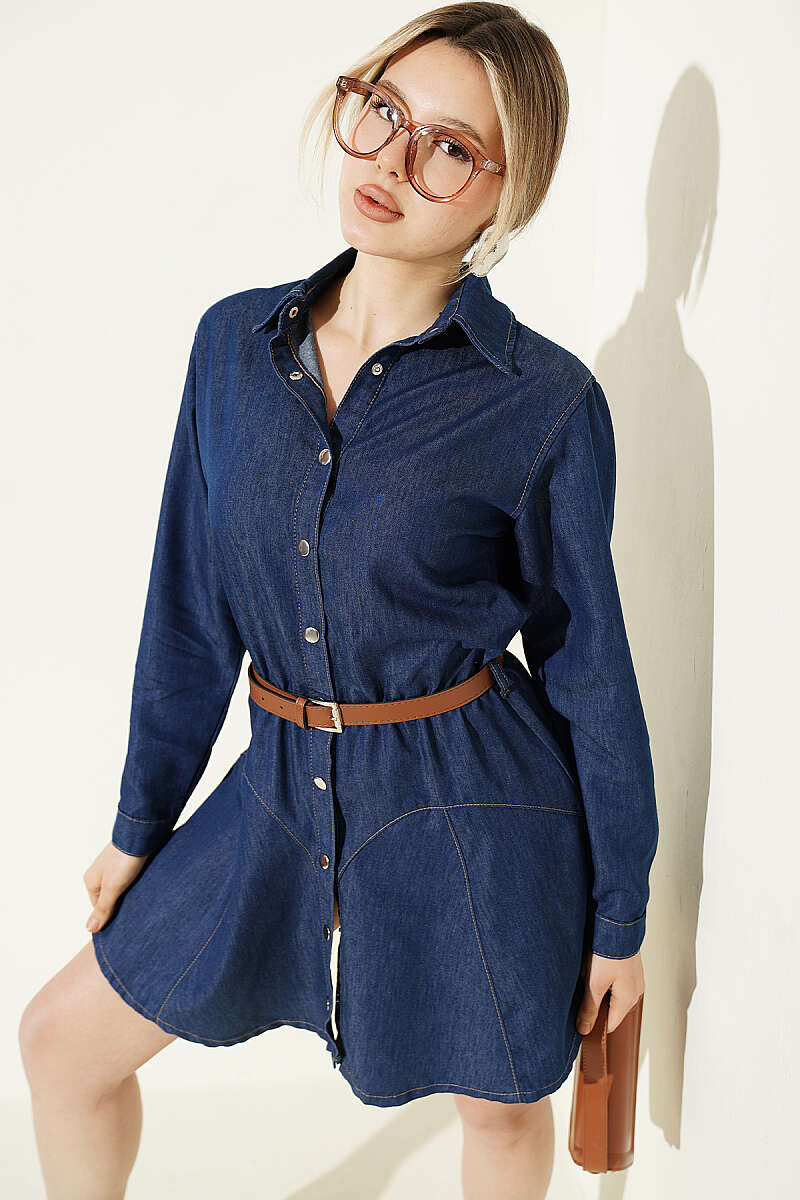Belted Snap-Button Dress - Classic Denim