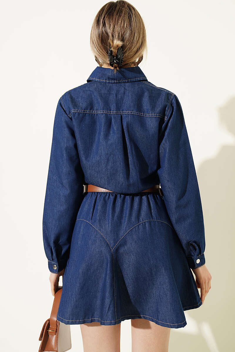 Belted Snap-Button Dress - Classic Denim