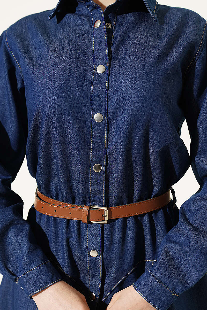 Belted Snap-Button Dress - Classic Denim