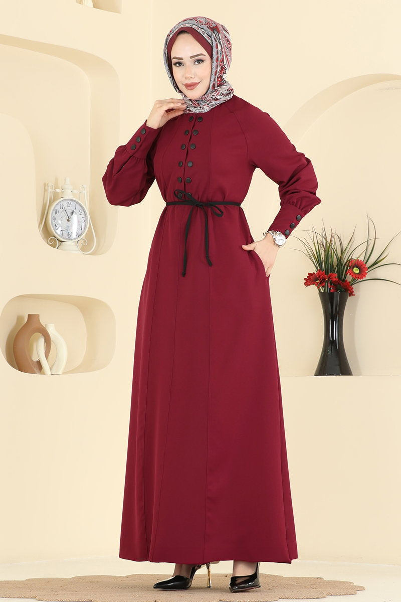 Snap-Button Double Knit Dress - Burgundy
