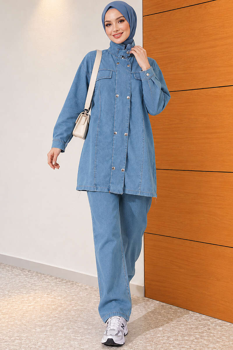 Denim Two-Piece Set with Snap Buttons - Light Blue