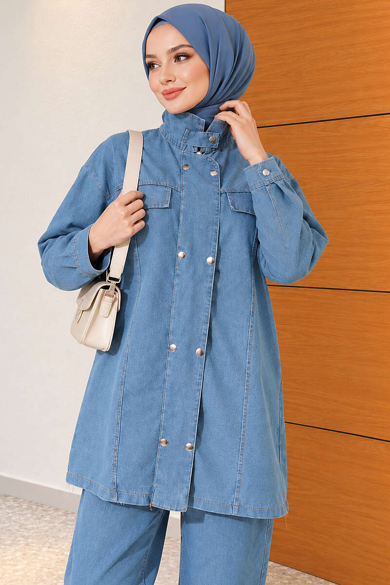 Denim Two-Piece Set with Snap Buttons - Light Blue