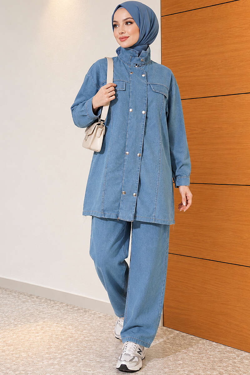 Denim Two-Piece Set with Snap Buttons - Light Blue