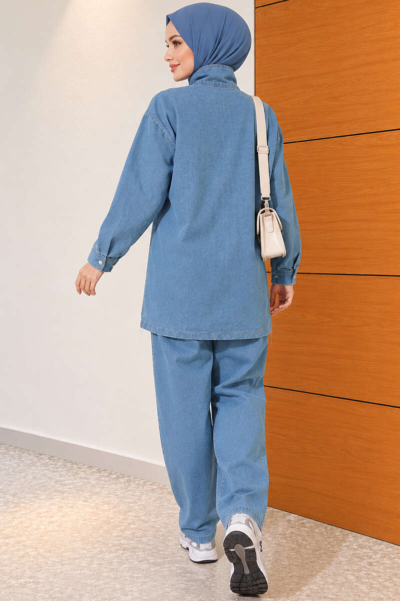 Denim Two-Piece Set with Snap Buttons - Light Blue
