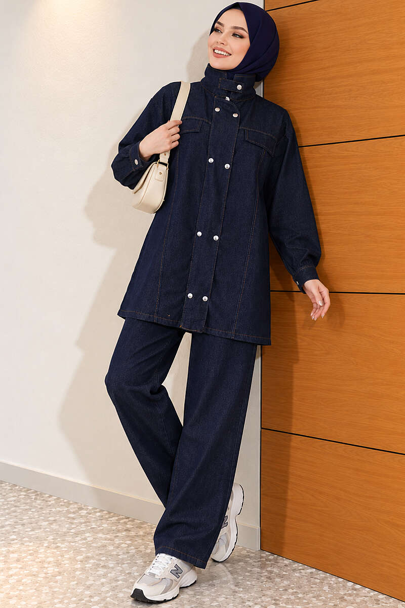 Denim Two-Piece Set with Snap Buttons - Navy