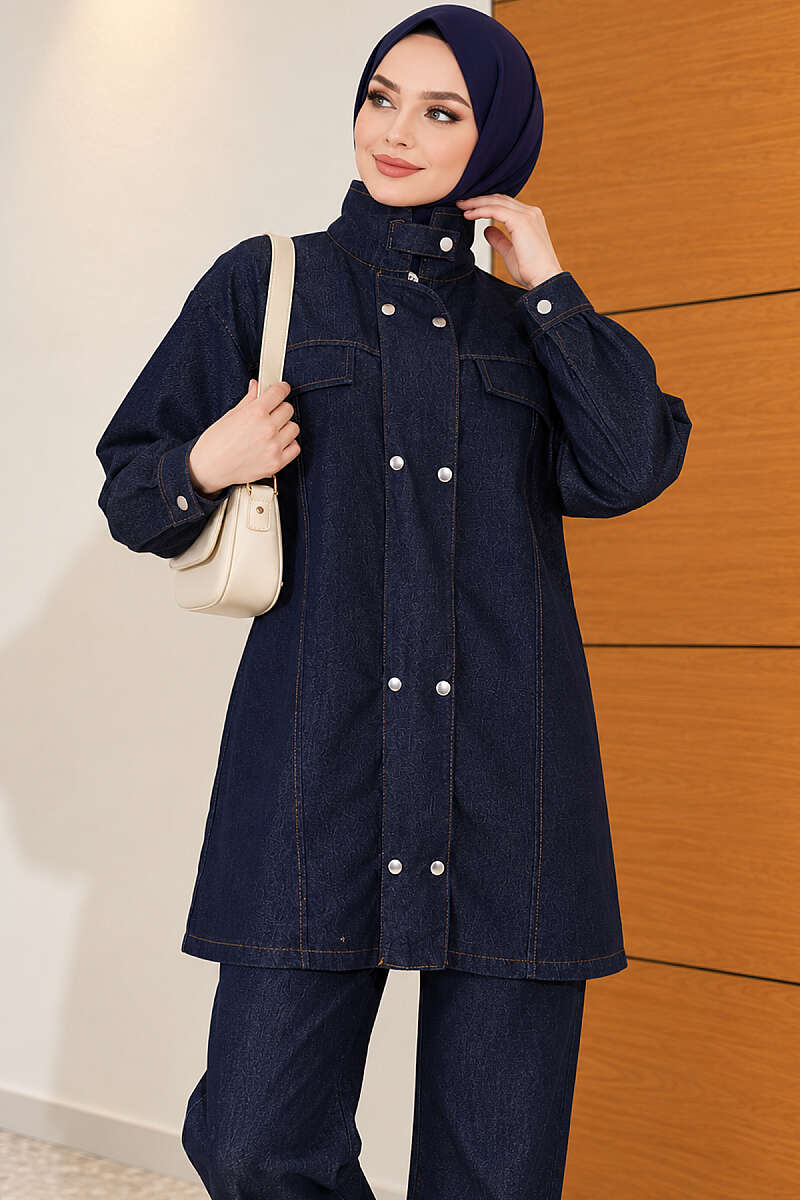 Denim Two-Piece Set with Snap Buttons - Navy