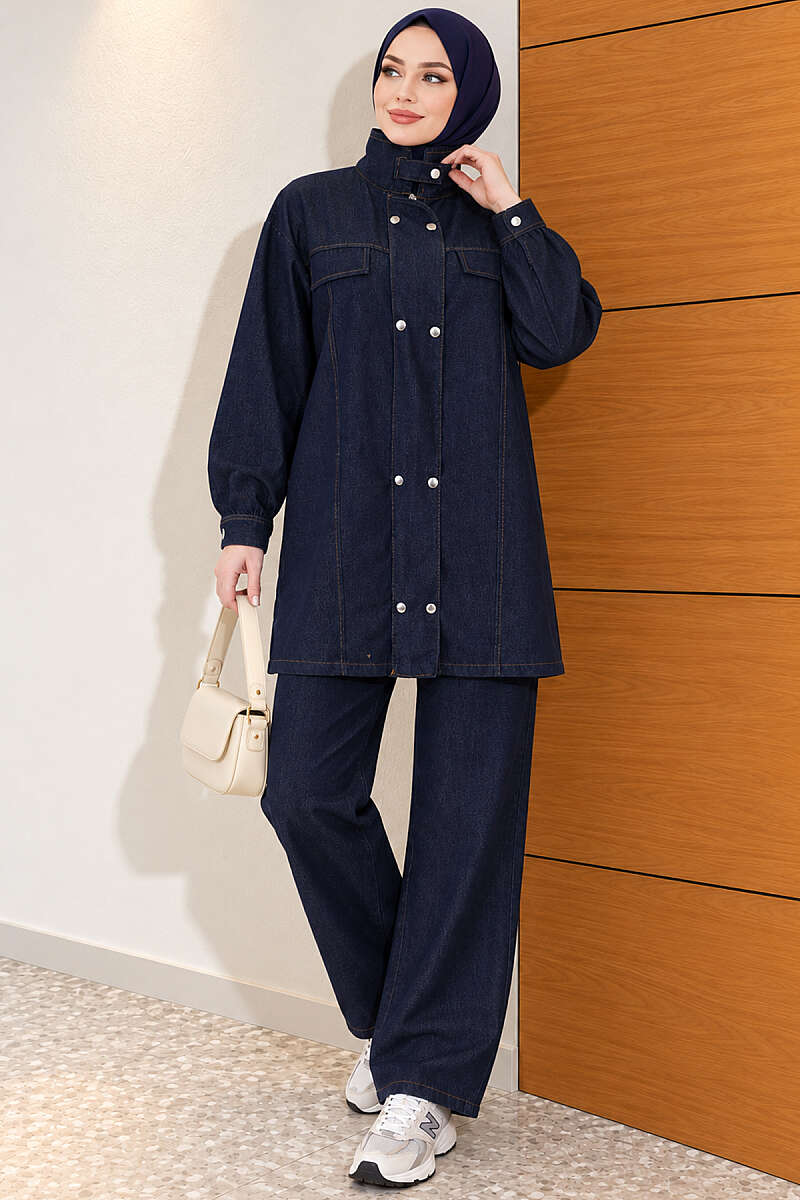 Denim Two-Piece Set with Snap Buttons - Navy