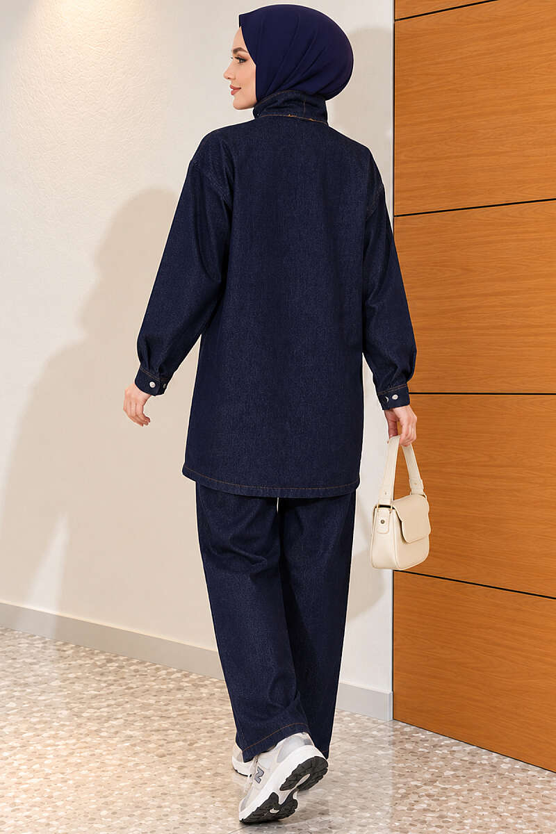 Denim Two-Piece Set with Snap Buttons - Navy