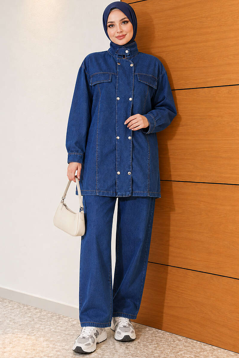 Denim Two-Piece Set with Snap Buttons - Blue
