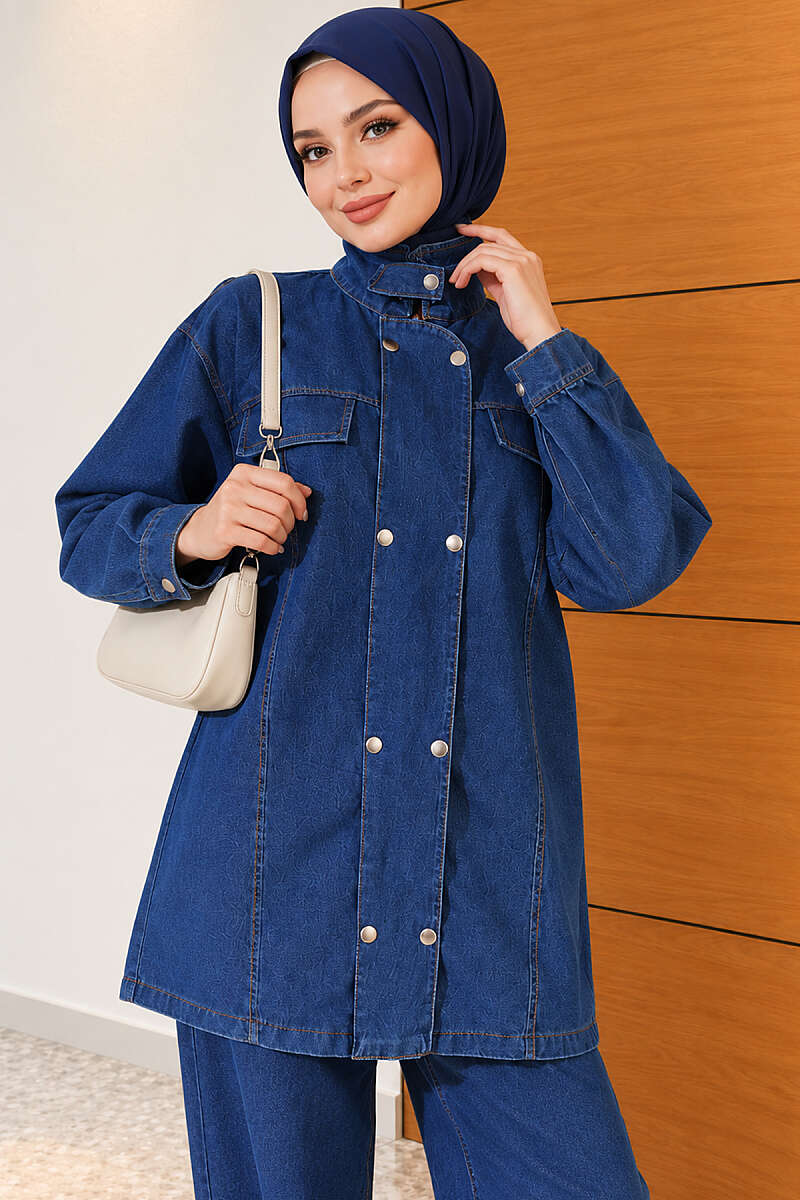 Denim Two-Piece Set with Snap Buttons - Blue