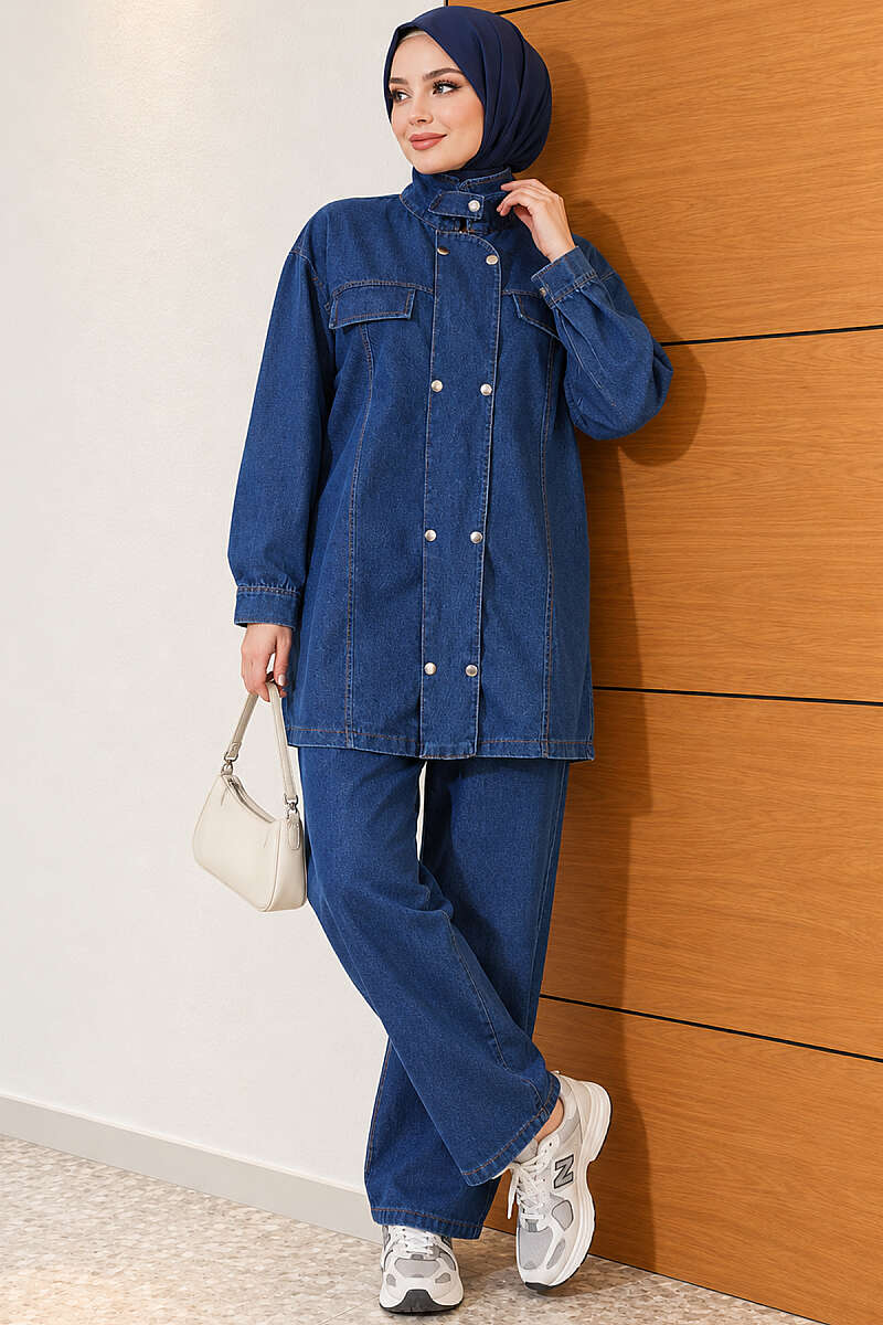 Denim Two-Piece Set with Snap Buttons - Blue