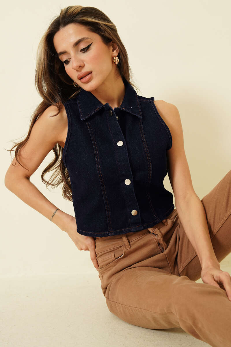 Cropped Denim Vest with Snap Buttons - Navy