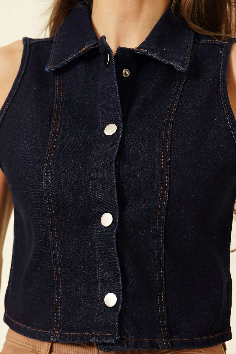 Cropped Denim Vest with Snap Buttons - Navy