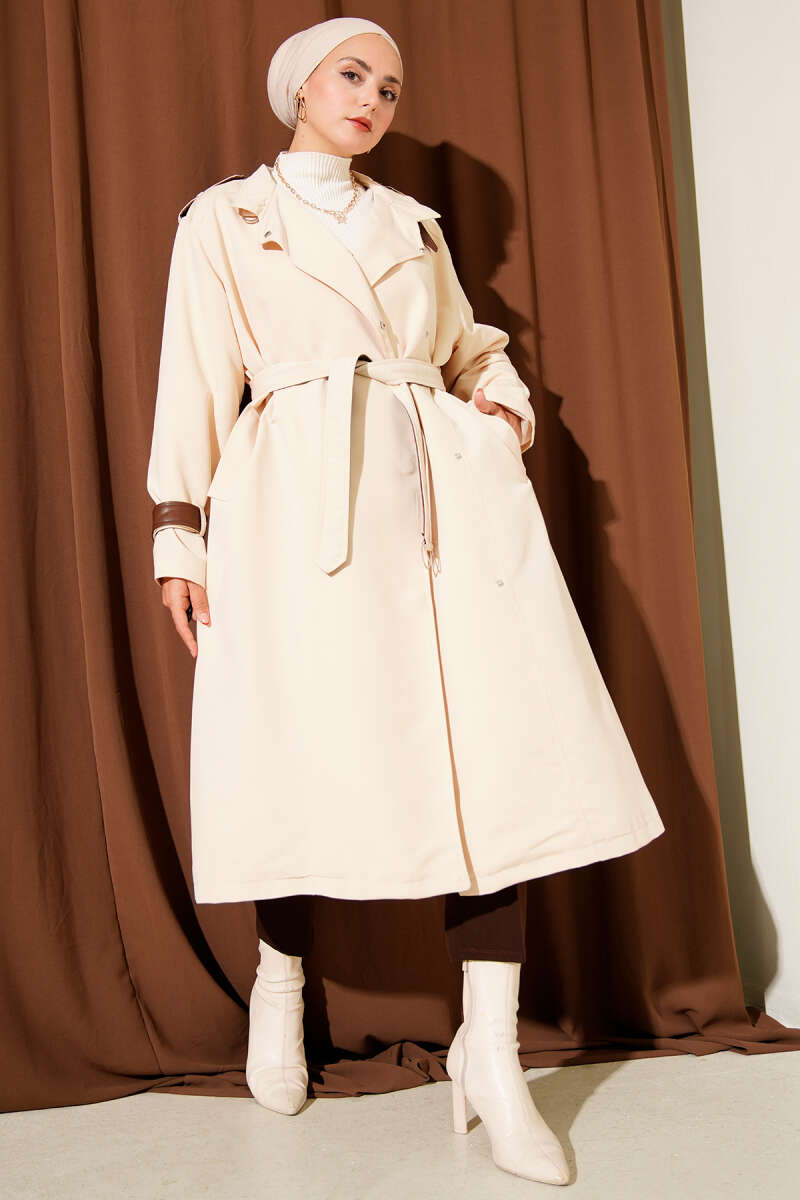 Snap-Button Trench Coat with Faux Leather Detail - Ecru