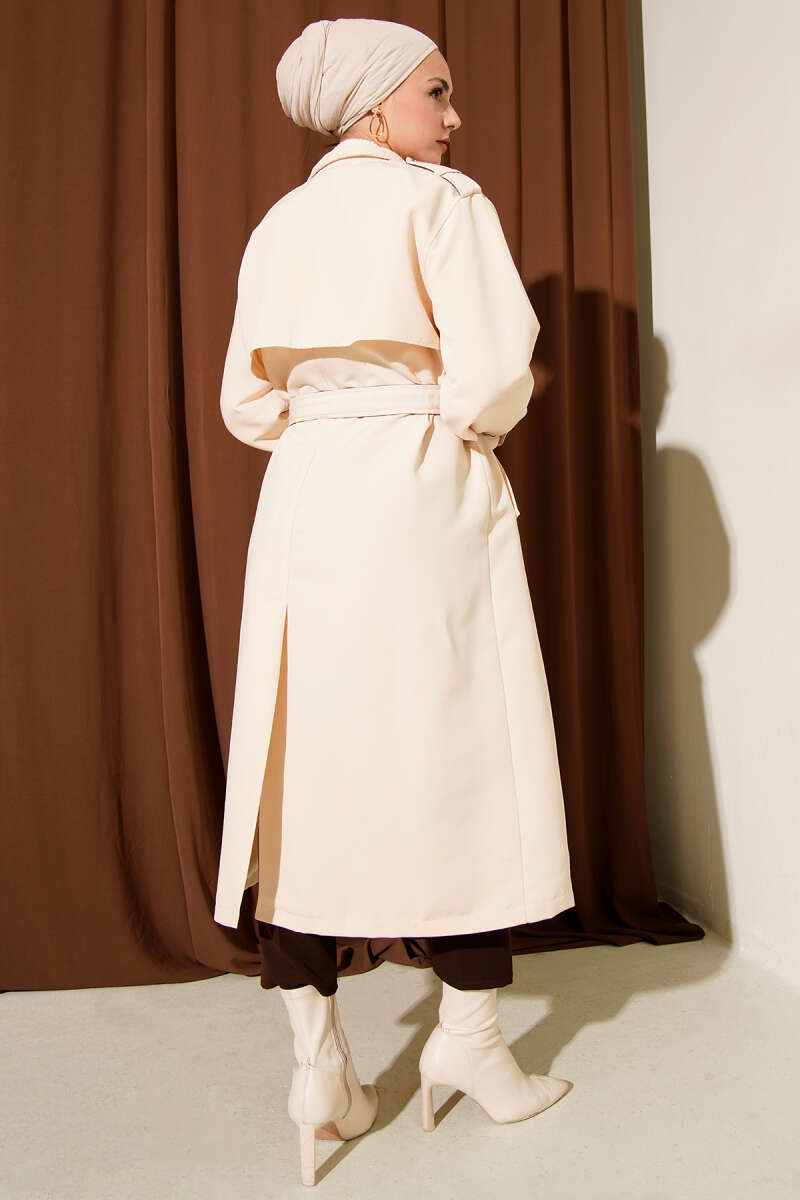 Snap-Button Trench Coat with Faux Leather Detail - Ecru