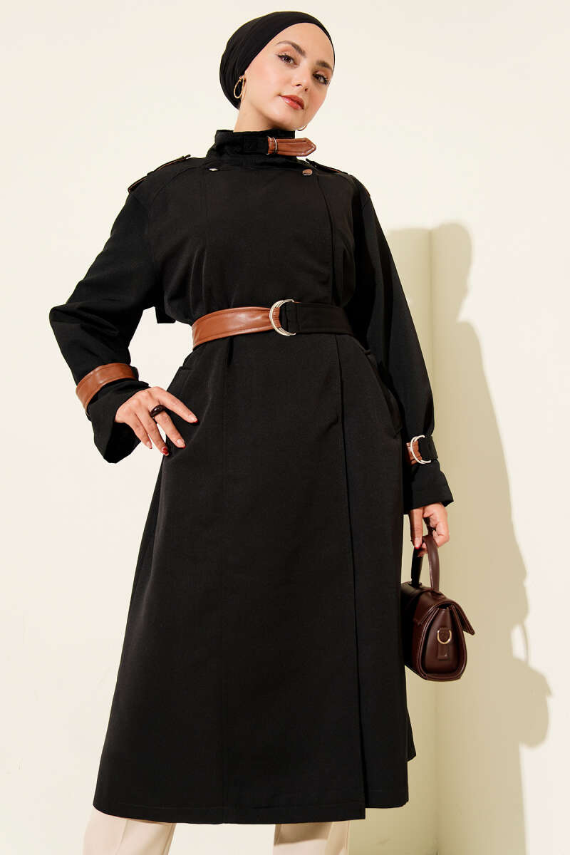 Snap-Button Trench Coat with Faux Leather Detail - Black