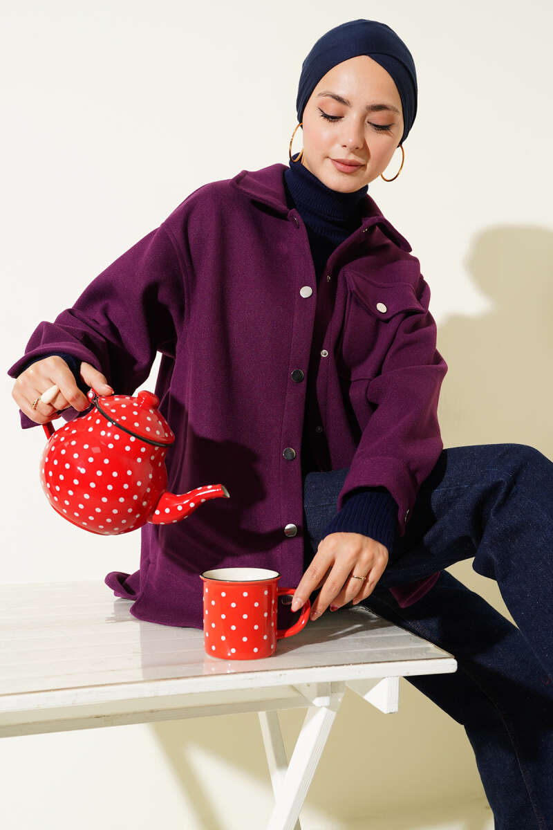 Shirt-Collar Felt Jacket with Snap Buttons - Purple